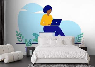 Minority woman education - Black female person sitting on books with computer studying and learning. Flat design vector illustration with white background Wall mural