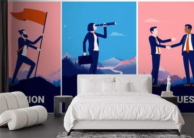 Mission vision and values illustration. Set off illustrations for your business strategy. Man raising flag, woman looking for opportunities, and two men handshaking. Vector illustration. Wall mural