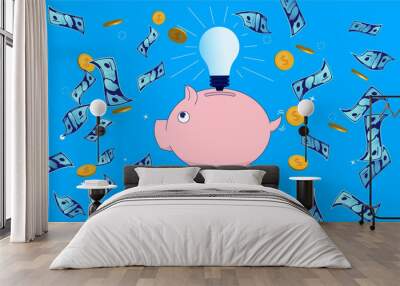 Money making idea - Piggybank with idea bulb over head and money falling from the sky. How to make money, business idea and personal finance concept. Vector illustration. Wall mural