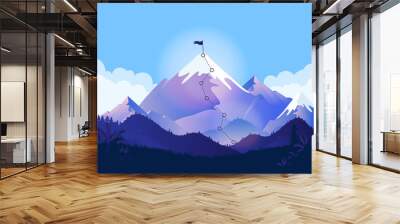 Mountain top with trail and flag. Landscape illustration with a path to a goal. Metaphor for business strategy, reaching goals, ambitions and path to success. Vector illustration. Wall mural