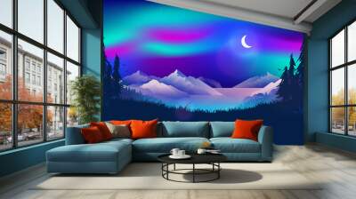 Northern lights illustration - Aurora borealis in the sky over a Norwegian fjord. Beautiful northern landscape scene at night time with moon, forest and ocean. Magical, mystical north concept. Wall mural