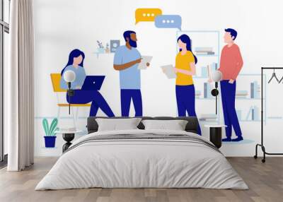 Office people discussion - Group of vector characters talking and having conversation at work with speech bubbles. Flat design illustration with white background Wall mural