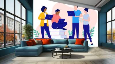 Office people with computers - Team of characters standing together working with laptops. Flat design vector illustration with white background Wall mural