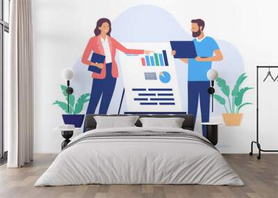 Office people with flip over - Businesswoman and man working and looking at presentation with diagram and charts, discussing business and company result together. Flat design vector illustration Wall mural