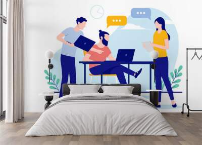 Office people working together - Team of three people discussing and talking while working on computers. Flat design vector illustration with white background Wall mural