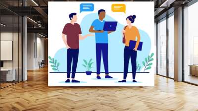 Office talk and discussion - Vector illustration of team of three people talking and communicating with speech bubbles. Flat design and white background Wall mural