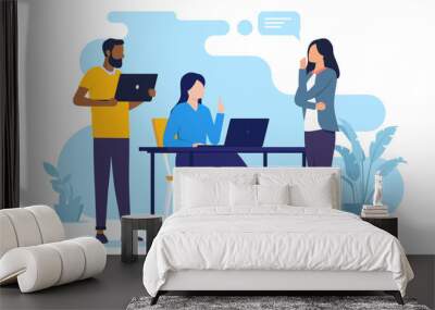 Office talk at desk - Team of businesspeople working with computers having conversation and dialogue together at work. Flat design vector illustration with white background Wall mural