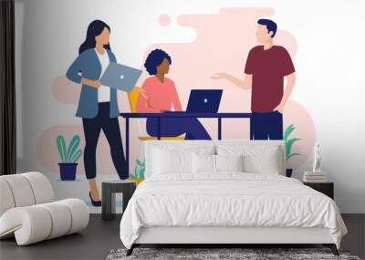 Office workers people - Team of three businesspeople in casual clothes in workplace talking and discussing business project. Flat design vector illustration with white background Wall mural