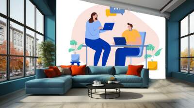 Office workers talking together - Relaxed man and woman in casual clothes working together talking and having conversation up close. Flat design vector illustration with white background Wall mural