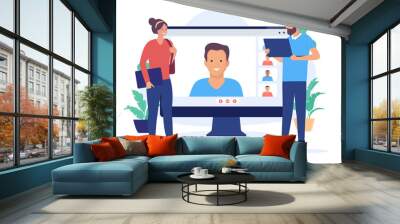 Online meeting - Team of people having remote business meeting in office using computers, smiling and talking together. Digital teamwork concept in flat design vector illustration Wall mural