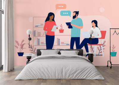 People at work talking - Three vector characters in office workplace having conversation and discussion with speech bubbles. Flat design illustration Wall mural