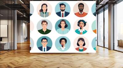 People faces avatars vector collection - Set of various diverse character heads in round frames. Flat design illustrations with white background Wall mural