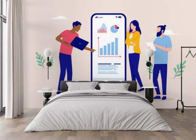 People looking at data and analytic charts on device screen, pointing and discussing. Flat design vector illustration Wall mural