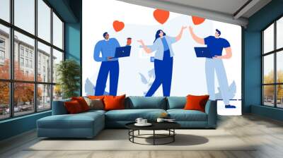 People love work - Three businesspeople loving job and workplace, smiling and cheering with red hearts. Flat design cartoon illustration with white background Wall mural