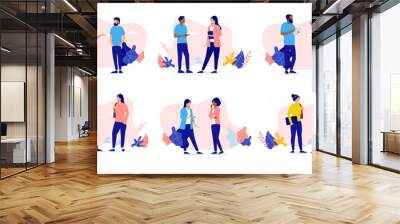 People talking together collection - Set of illustrations with professional characters having dialogue and conversation face to face standing in casual clothes. Flat design with white background Wall mural