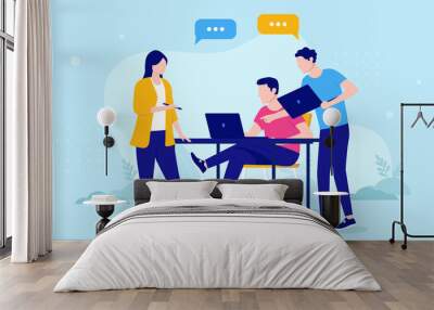 People teamwork discussion - Men and woman working together with computers in casual clothes. Abstract business work concept, flat design vector illustration with blue background Wall mural