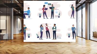 People working in office collection - Set of vector illustrations with businesspeople at work using computers, talking and doing teamwork together. Flat design with white background Wall mural