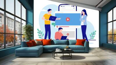 People working on business video content - Three people in marketing department working on computers with social media and advertisement. Flat design vector illustration with white background Wall mural