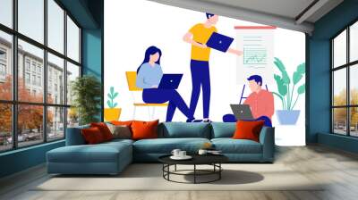 People working - Team of three characters doing office work on laptop computers sitting and standing. Flat design vector illustration with white background Wall mural