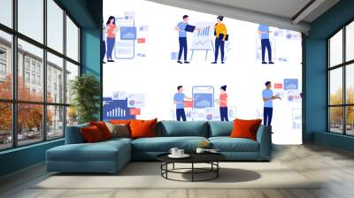 People working with data and charts collection - Set of vector illustration of business characters standing and doing computer work with diagrams and graphs. Flat design and white background Wall mural