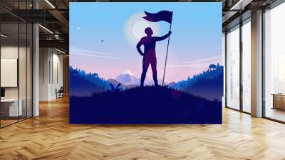 Personal achievement - Man holding flag on hilltop celebrating reaching his goal. Victory, winning and conquer adversity concept. Vector illustration. Wall mural