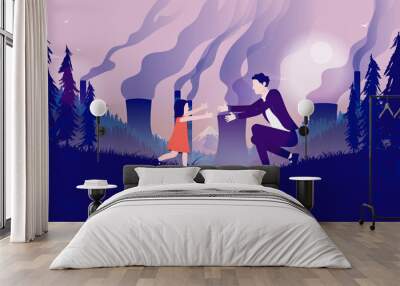 Pollution and future generations - Little girl running into her fathers arms. Polluting industry and factories in background. Global warming, environmental impact and destruction concept. Vector. Wall mural