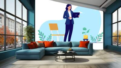 Professional woman with laptop - Female businessperson standing with computer in hands smiling dressed in casual business clothes. Flat design vector illustration with white background Wall mural