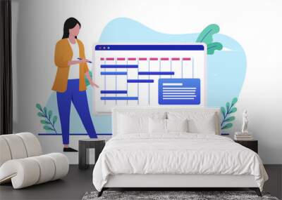 Project manager vector illustration - Female person working on managing projects on computer screen. Flat design vector illustration with white background Wall mural