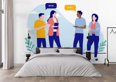 Standing business meeting - Four people in casual clothing having a stand up meeting and discussion in office. Flat design vector illustration with white background Wall mural