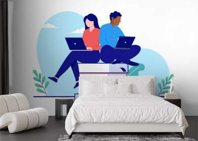 Students studying - Diverse woman and man sitting on books with laptops learning and taking online education. School concept. Flat design vector illustration with white background Wall mural