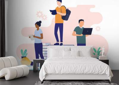 Students with computers and books standing while studying, taking education and doing school work together as a team. Studying concept in flat design vector illustration with white background Wall mural