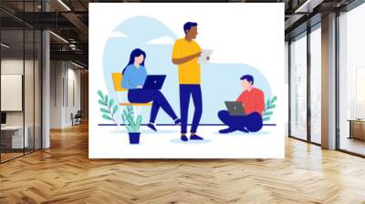 Teamwork vector illustrations - Set of people working in small teams in office with computers. Vector illustration collection with white background Wall mural