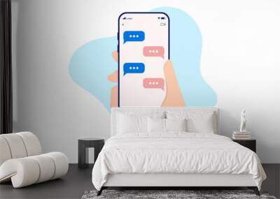 Text messages on mobile phone - Hand holding smartphone with abstract text communication on screen. Flat design vector illustration with white background Wall mural