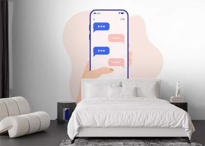 Text messages on phone screen - Hand holding smartphone with texting symbols on screen. Flat design vector illustration with white background Wall mural