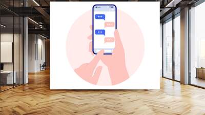 Texting on mobile phone - Hand holding smartphone and writing text messages on oval frame with white background. Vector illustration Wall mural