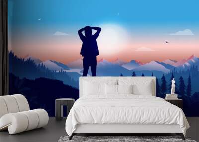 Thinking about life - Person standing on hilltop contemplating and wondering about what the future will bring. Mountain and forest in background. Pause from life concept. Vector illustration. Wall mural