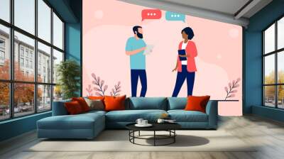 Two people talking - Conversation between businesspeople standing with speech bubbles in air. Flat design vector illustration Wall mural