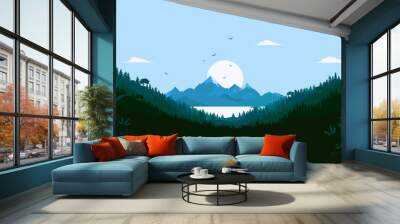 Vector landscape illustration in green and blue - View from forest to ocean and mountains in background. Sunrise and birds in the blue sky. Background and wallpaper concept. Wall mural