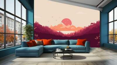 Vector landscape illustration with red sun. Beautiful view from forest over hills, sea and mountain range in background. Warm colours. Website background and wallpaper concept. Wall mural