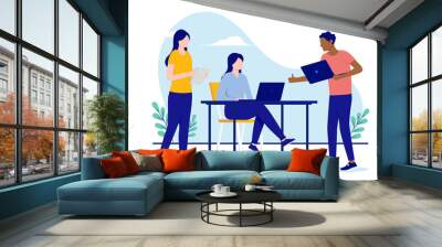 Vector people working - Diverse team of man and women doing computer work and thumbs up. Flat design on white background Wall mural