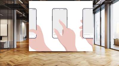 Vector phone and hand mockup collection - Set of template illustrations with hands using smartphones interacting with blank empty screen in front view flat design on white background Wall mural