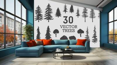 Vector trees - collection of 30 detailed and different tree silhouette illustrations. Eps set.  Wall mural