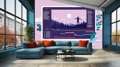 Video editing vector illustration - Software for editing videos with timeline and user interface on laptop computer. Vector illustration Wall mural