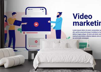 Video marketing - Team of people working with online advertising business together. Flat design vector illustration with white background and copy space for text Wall mural