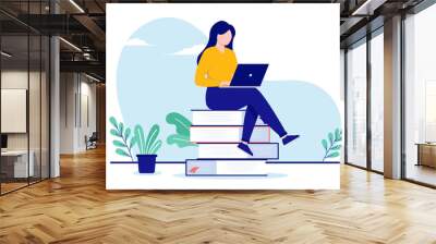 Woman doing research - Female person in casual clothes working on laptop computer while sitting on books. Flat design vector illustration with white background Wall mural