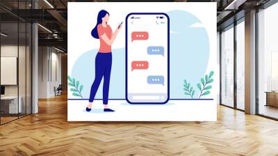 woman sending text message - person standing with smartphone and texting. flat design vector illustr Wall mural