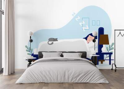 Woman sleeping in bed - vector illustration of female person lying in bedroom snoring and having a sleep on white background Wall mural