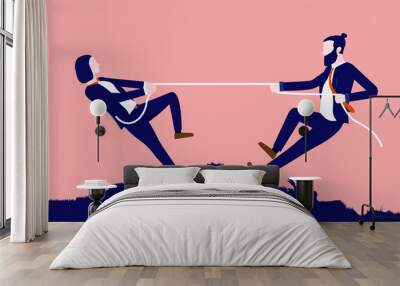 Woman vs man - Two businesspeople playing tug of war, pulling rope and having a rivalry. Gender competition concept. Vector illustration. Wall mural