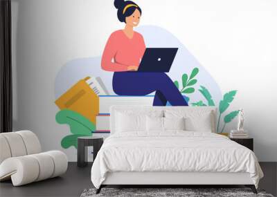 Woman with laptop computer sitting on stack of books taking education, learning and gaining knowledge online. Studying and school concept in flat design vector illustration with white background Wall mural