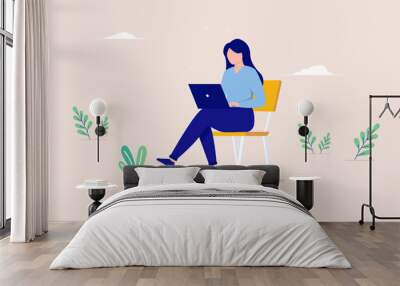 Woman working alone on computer sitting in chair with crossed legs. Flat design vector illustration Wall mural